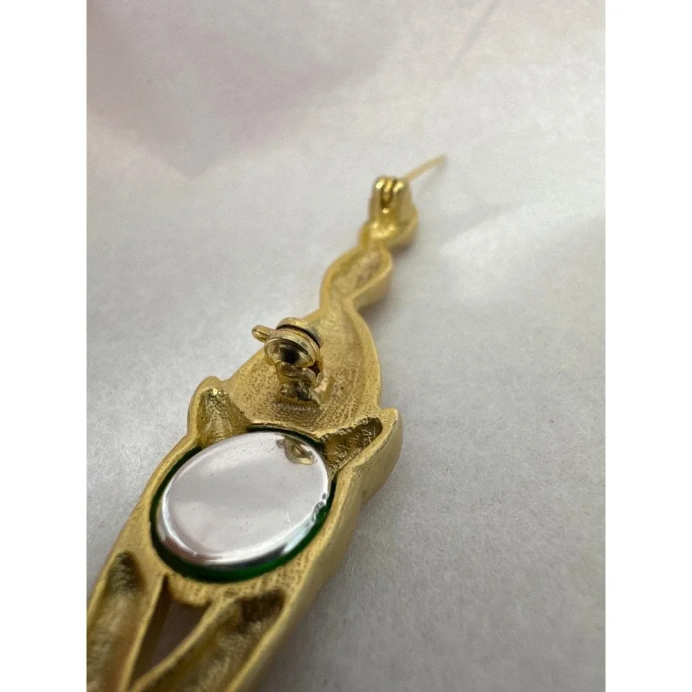 CAJC Brooch Women‎ Gold Excellent Vintage Stylized Cat Green Eyes Pin Whimsigoth